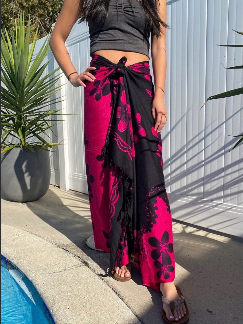 Fuchsia & Black Floral Tie-Waist Swim Sarong
